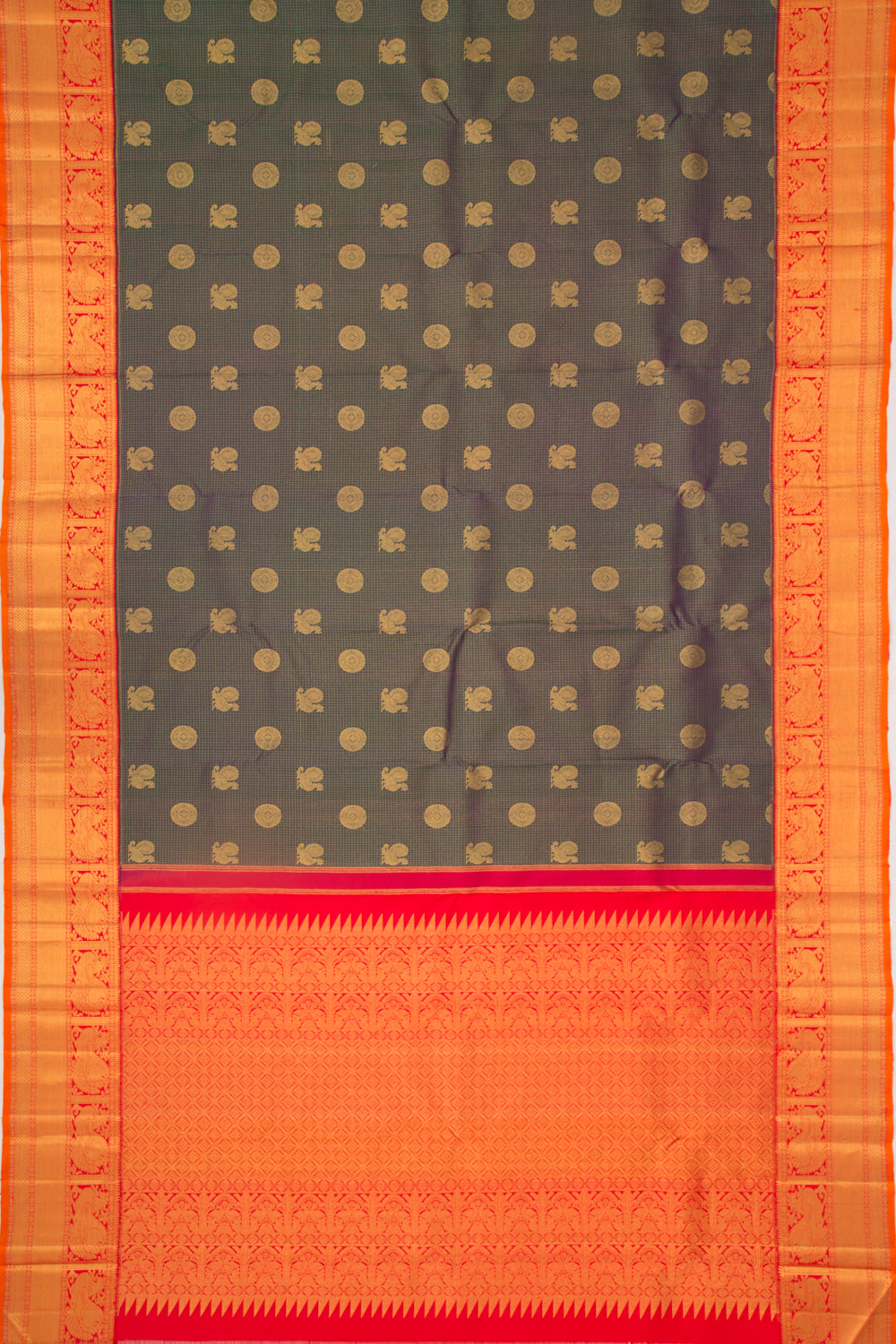 Kanchipuram Silk Checks And Butta Dual Tone Blue And Green Saree