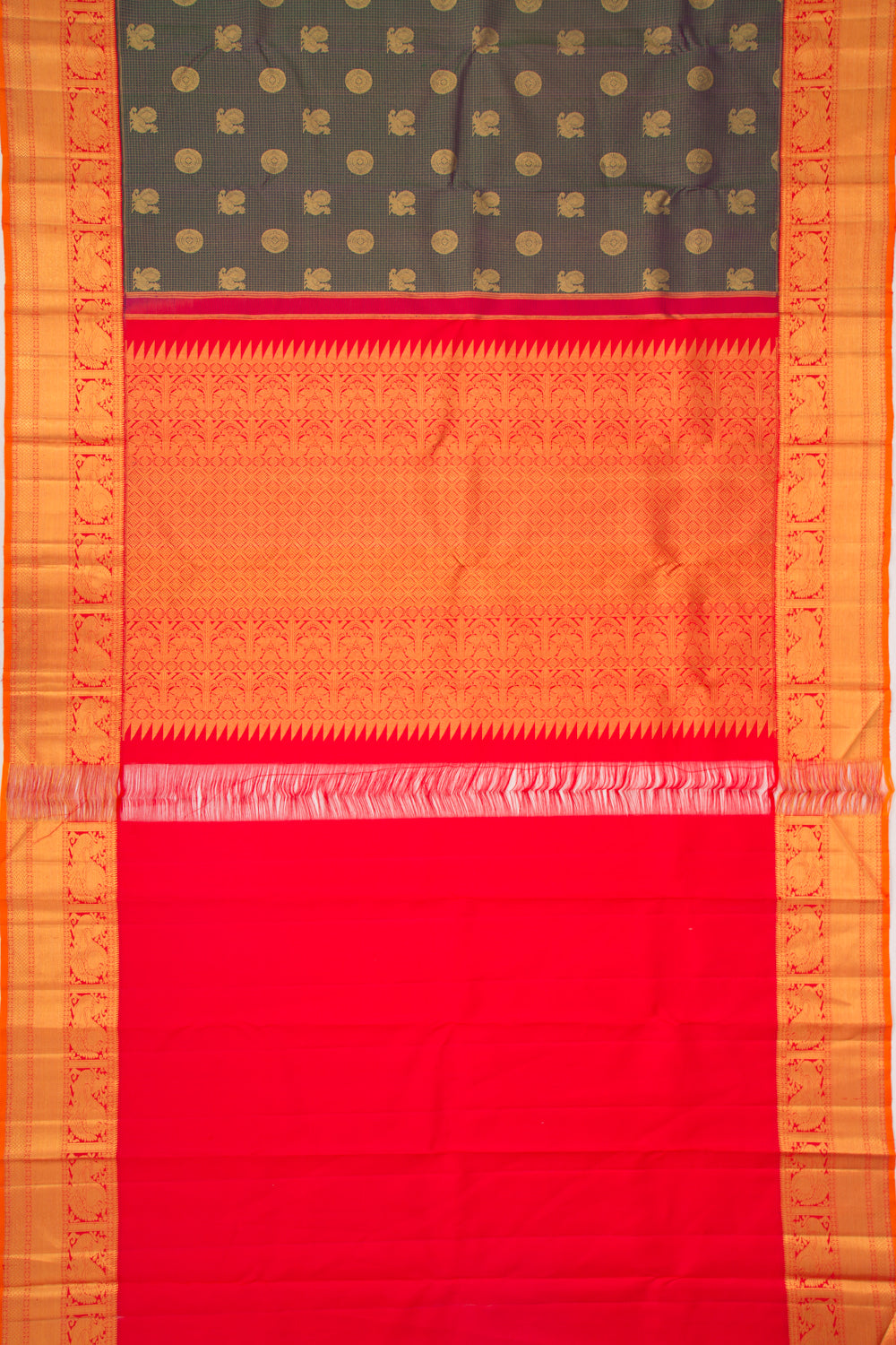 Kanchipuram Silk Checks And Butta Dual Tone Blue And Green Saree