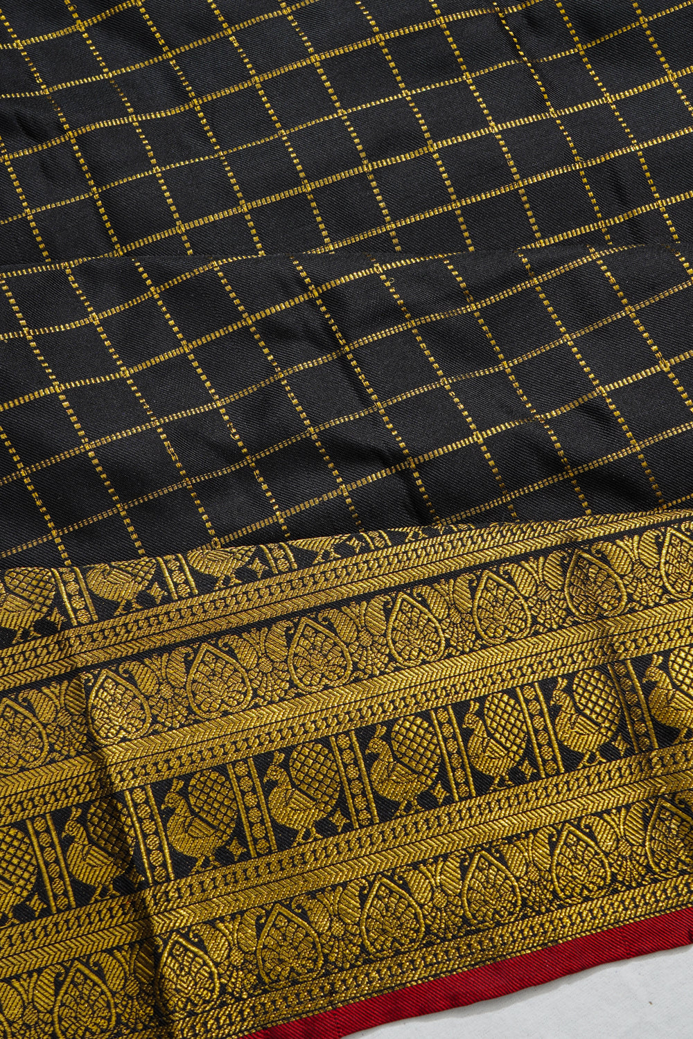 Kanchipuram Silk Twill Checks Black Saree