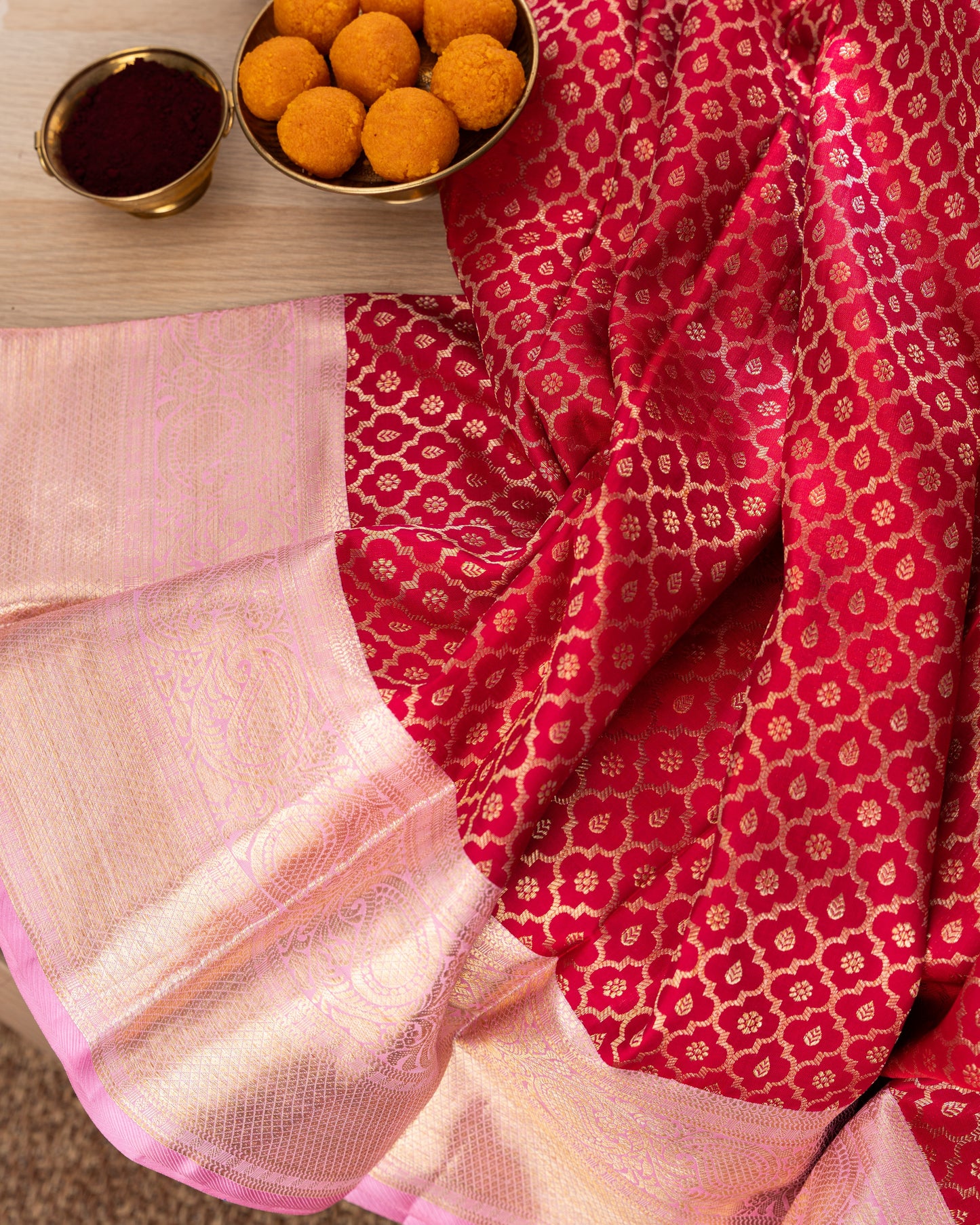 Kanchipuram Silk Brocade Red Saree With Rakhi And Gift Box