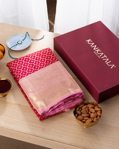 Kanchipuram Silk Brocade Red Saree With Rakhi And Gift Box
