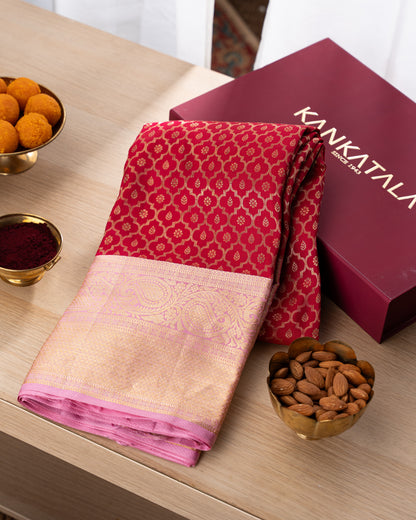 Kanchipuram Silk Brocade Red Saree With Rakhi And Gift Box