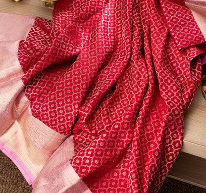 Kanchipuram Silk Brocade Red Saree With Rakhi And Gift Box