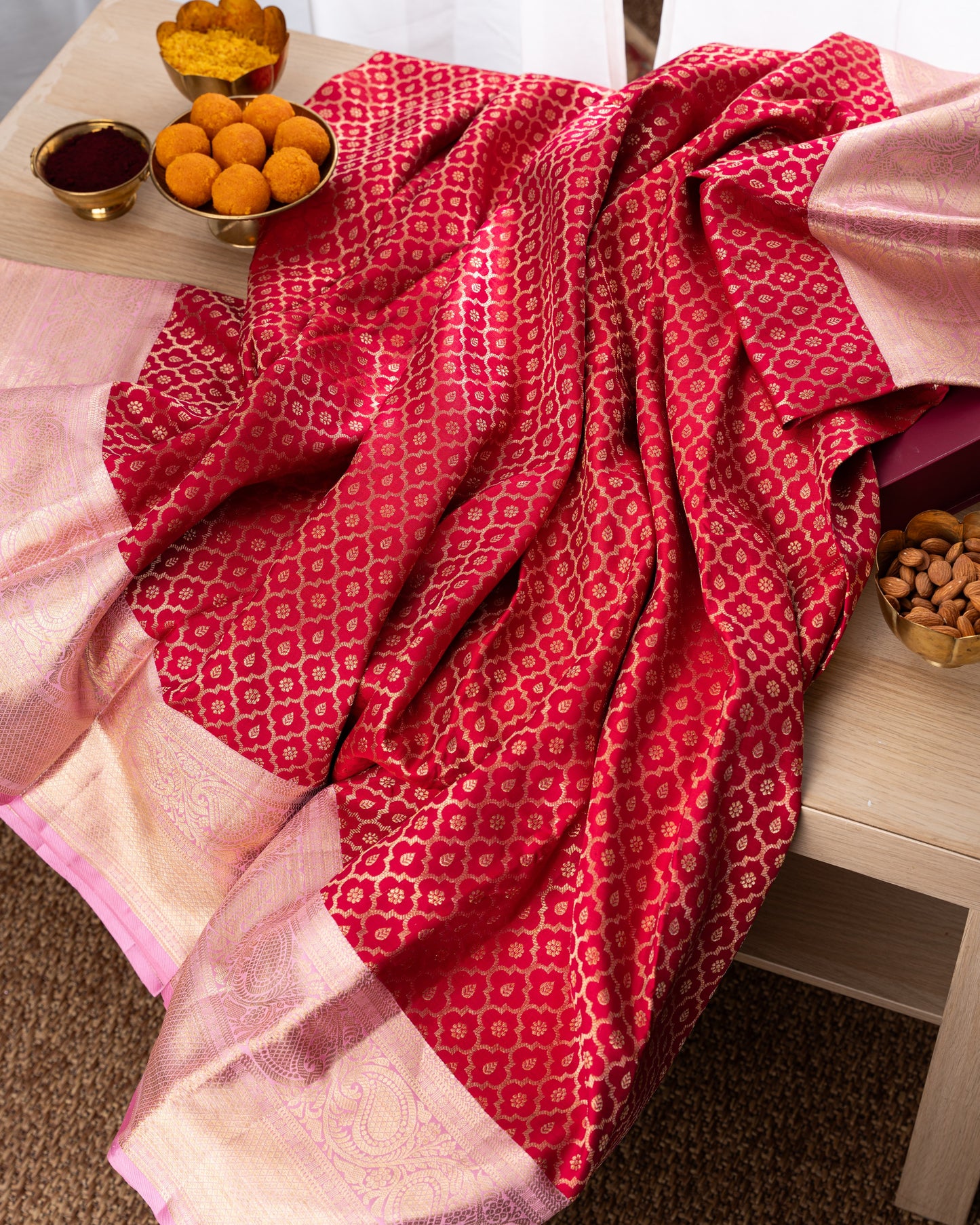 Kanchipuram Silk Brocade Red Saree With Rakhi And Gift Box
