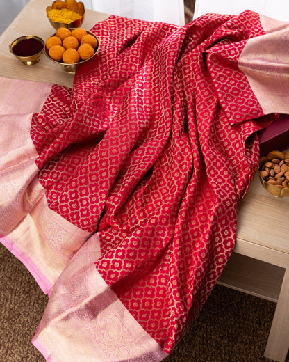 Kanchipuram Silk Brocade Red Saree With Rakhi And Gift Box