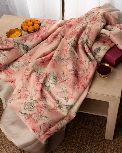 Tussar Floral Printed Peach Saree