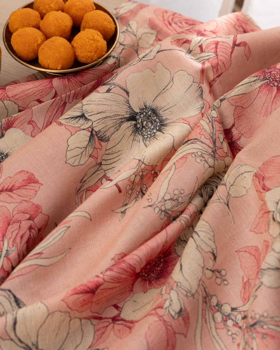 Tussar Floral Printed Peach Saree