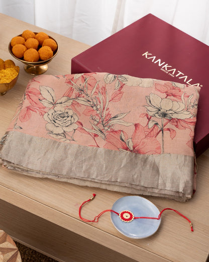 Tussar Floral Printed Peach Saree