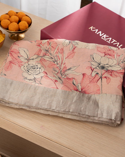 Tussar Floral Printed Peach Saree