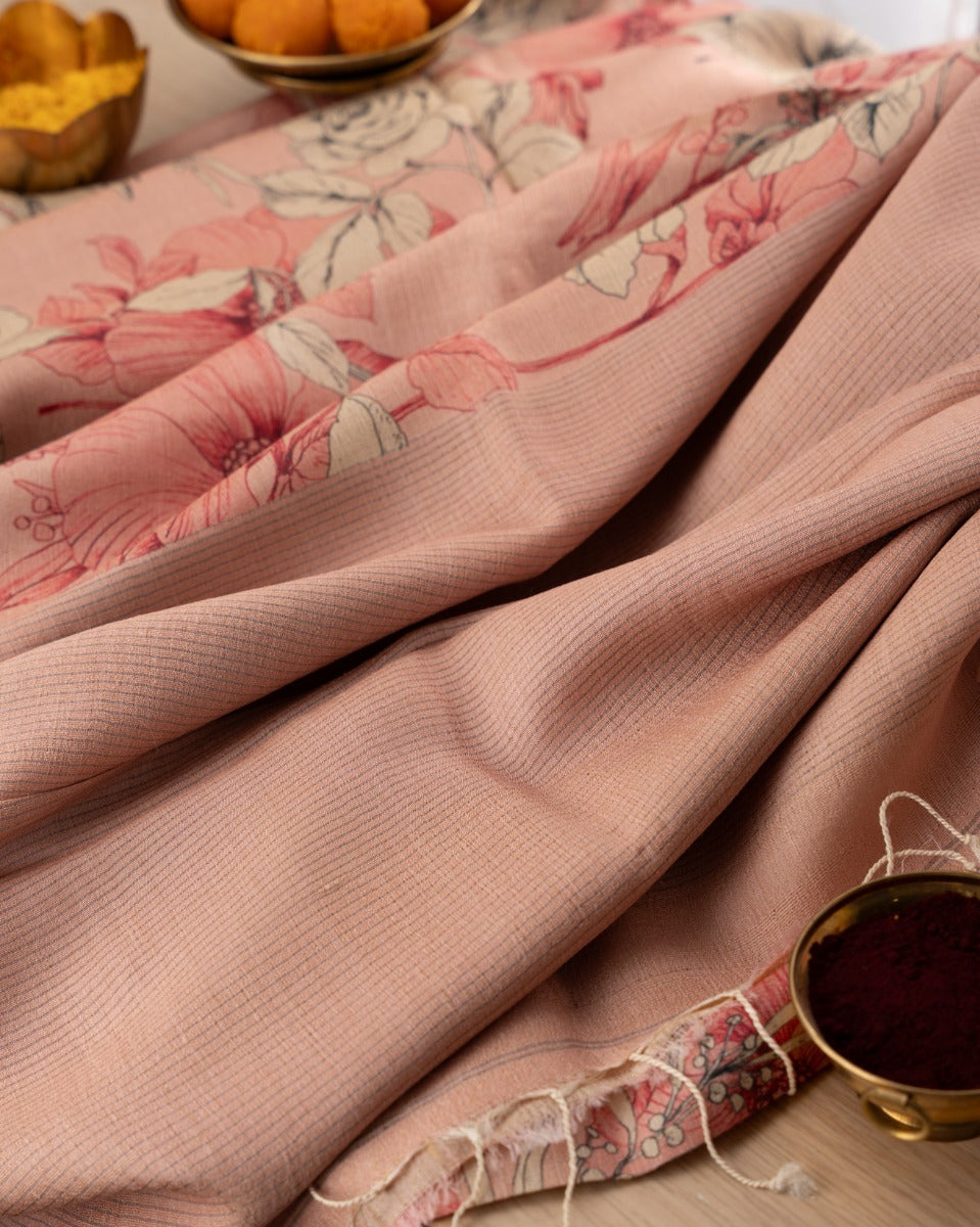 Tussar Floral Printed Peach Saree