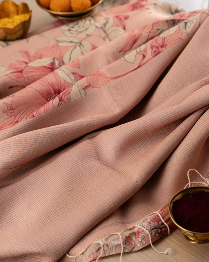 Tussar Floral Printed Peach Saree