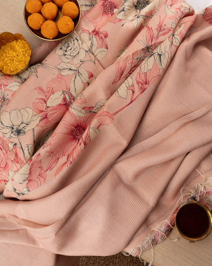 Tussar Floral Printed Peach Saree