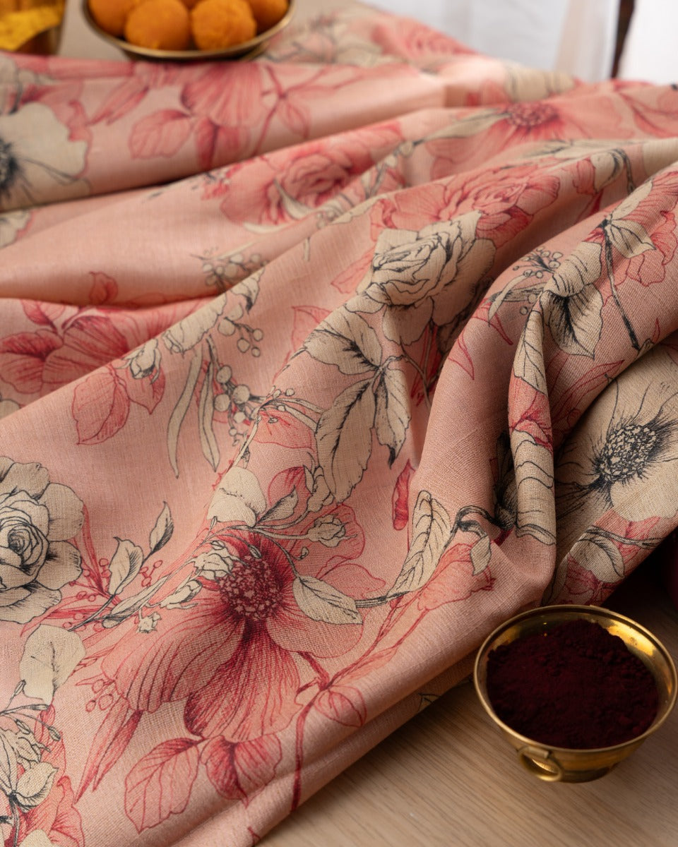 Tussar Floral Printed Peach Saree