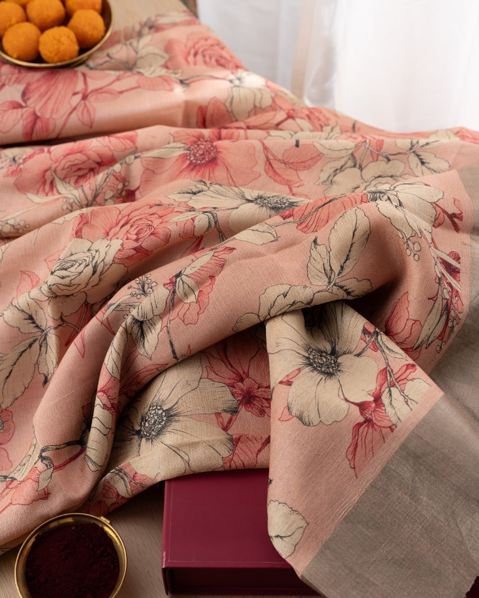 Tussar Floral Printed Peach Saree