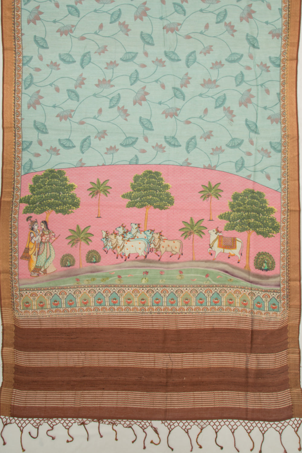 Chanderi Silk Floral And Pichwai Printed Blue Saree