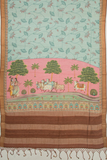 Chanderi Silk Floral And Pichwai Printed Blue Saree