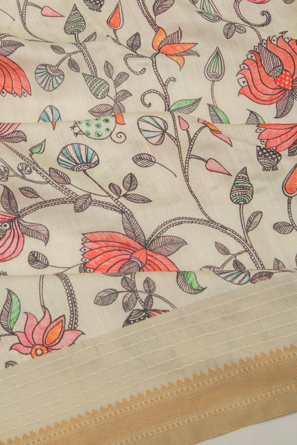 Chanderi Silk Printed Cream Saree