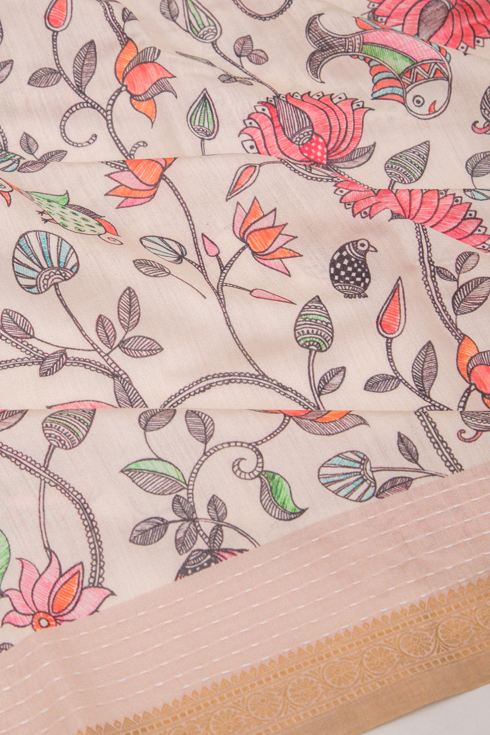 Chanderi Silk Floral Printed Cream Saree