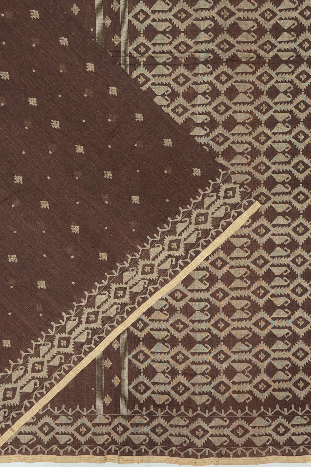 Masterpiece Dhakai Muslin Cotton Jamdani Butta Brown Saree