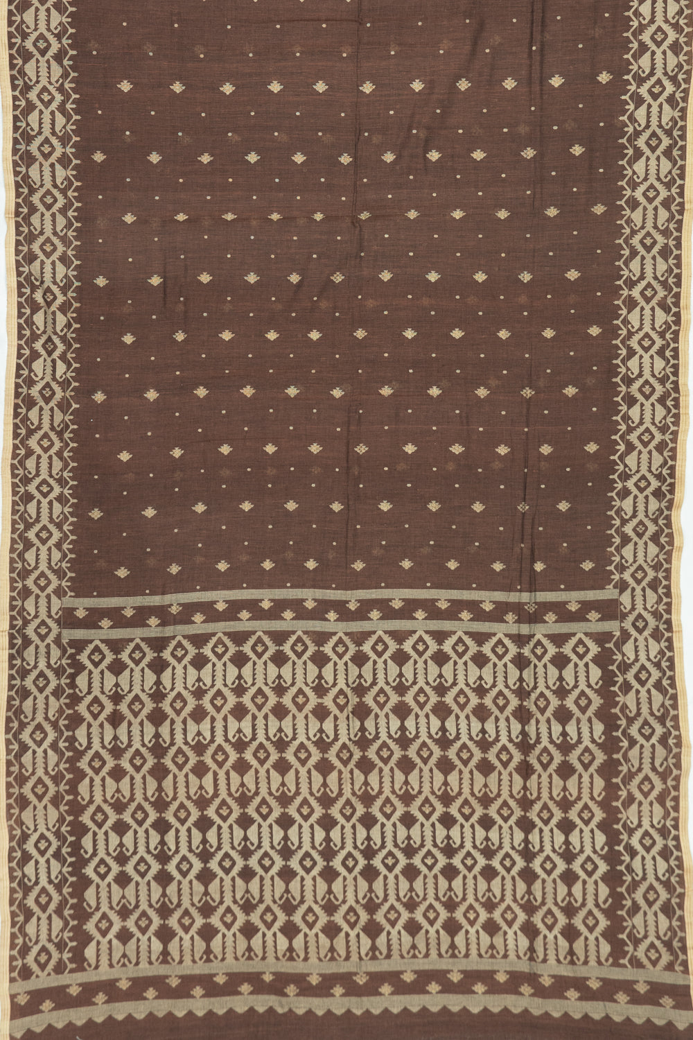 Masterpiece Dhakai Muslin Cotton Jamdani Butta Brown Saree