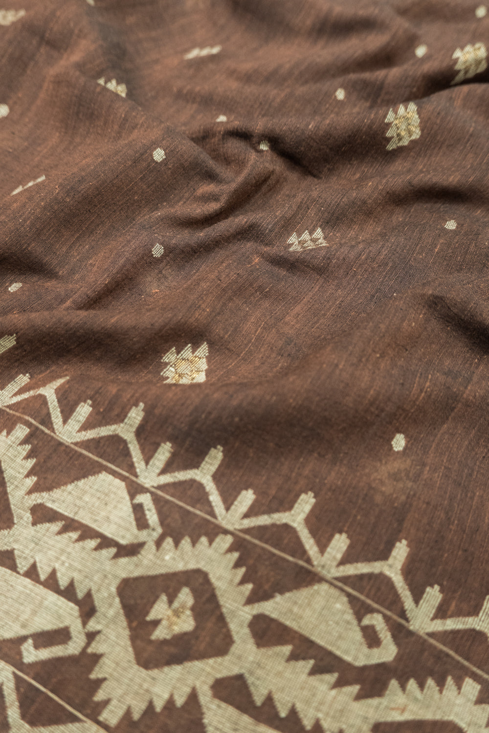Masterpiece Dhakai Muslin Cotton Jamdani Butta Brown Saree