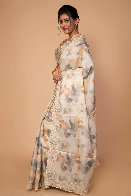 Tussar Floral Printed Cream Saree With Embroidery Border