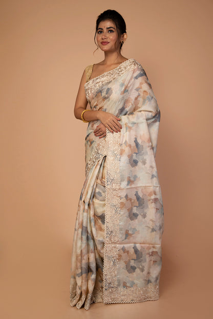 Tussar Floral Printed Cream Saree With Embroidery Border