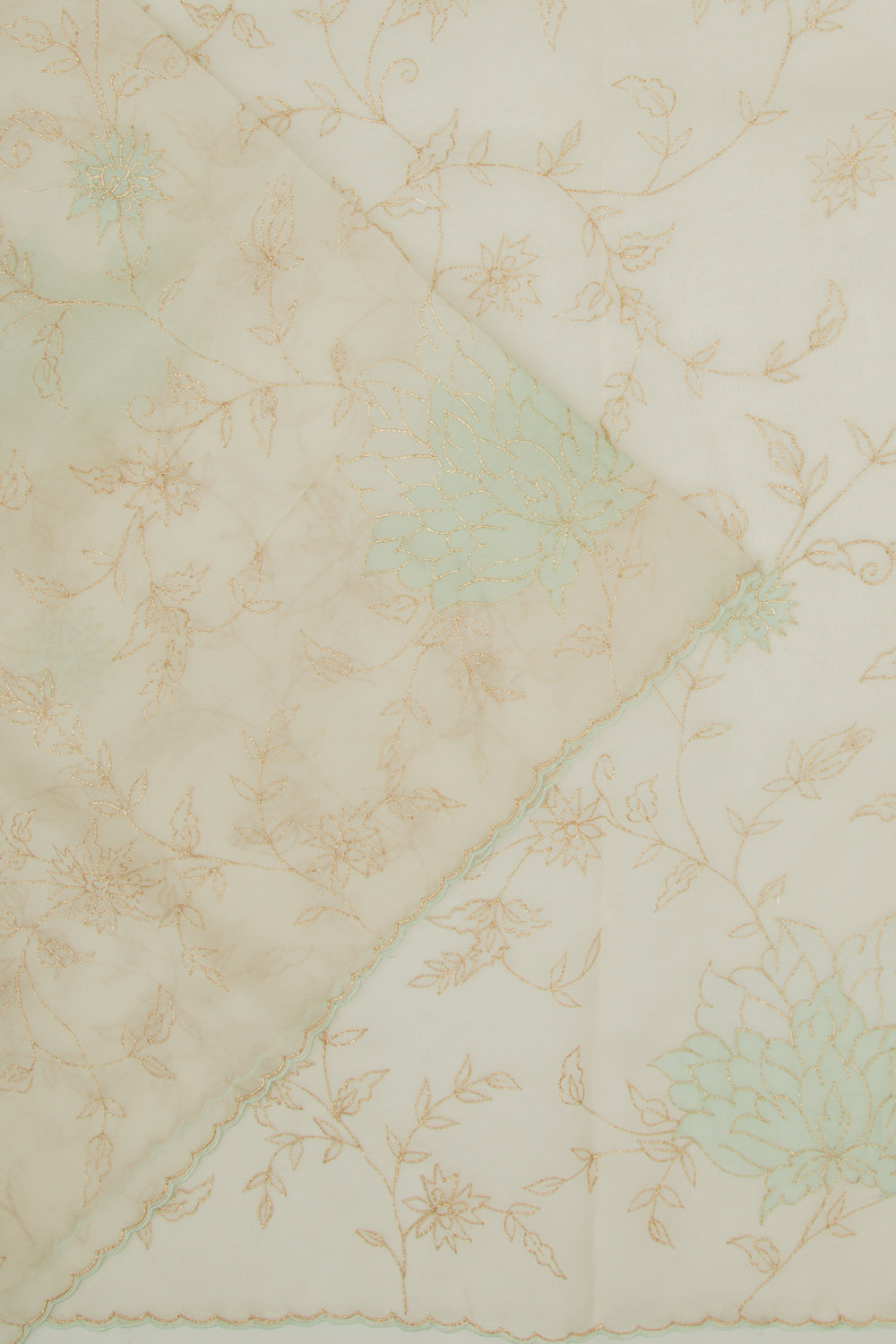 Organza Floral Embroidery Off White Saree With Scallop Edge