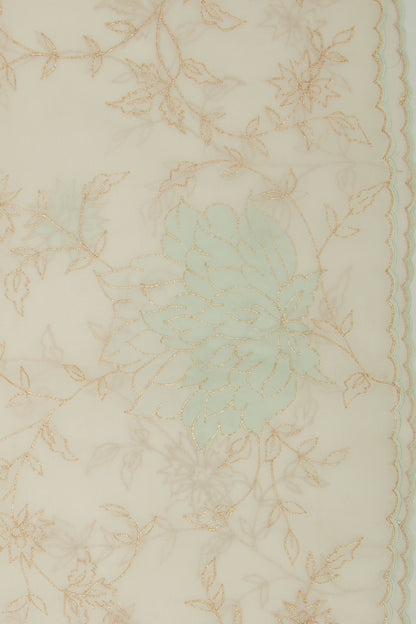 Organza Floral Embroidery Off White Saree With Scallop Edge