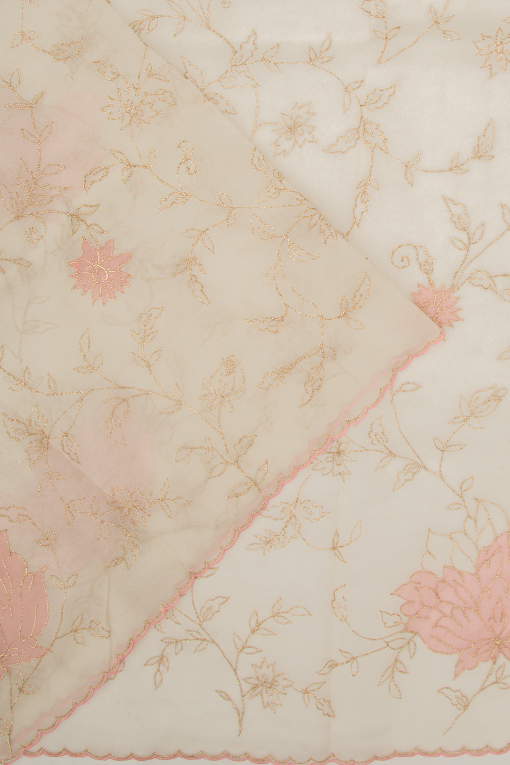 Organza Floral Embroidery Off White Saree With Scallop Edge