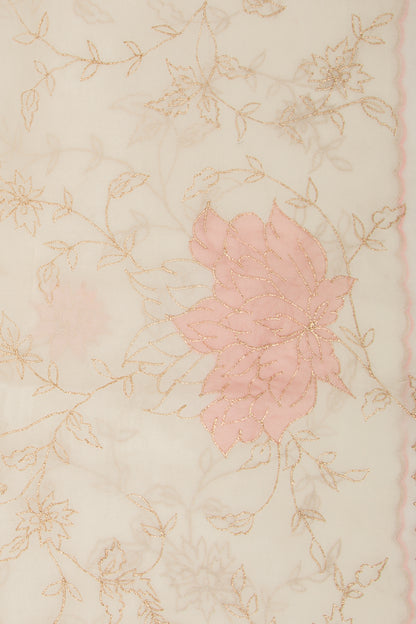 Organza Floral Embroidery Off White Saree With Scallop Edge