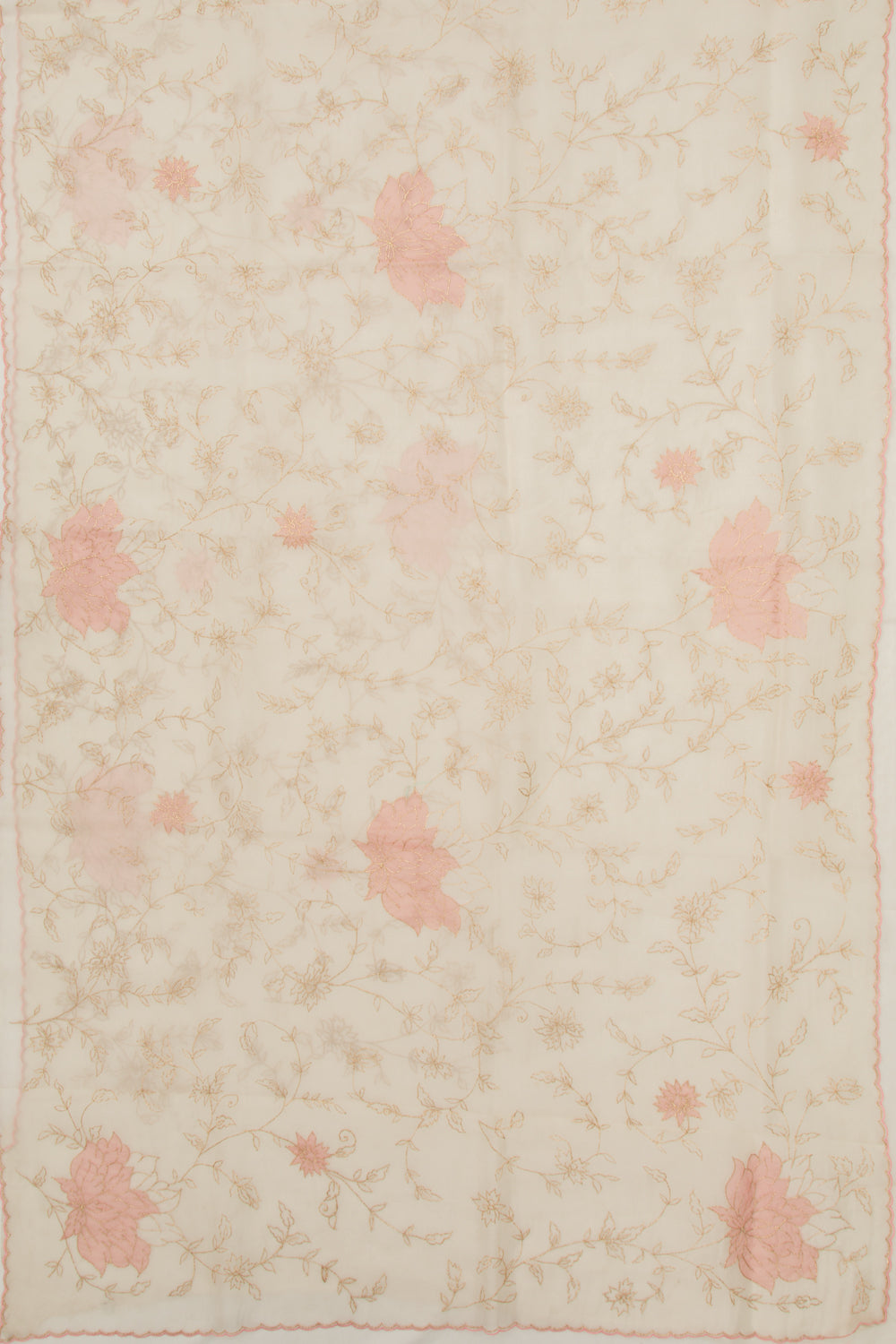 Organza Floral Embroidery Off White Saree With Scallop Edge