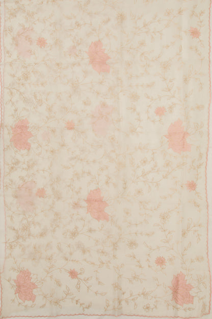 Organza Floral Embroidery Off White Saree With Scallop Edge