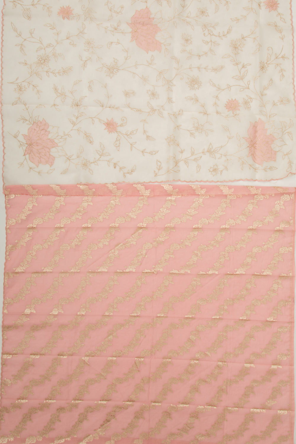 Organza Floral Embroidery Off White Saree With Scallop Edge