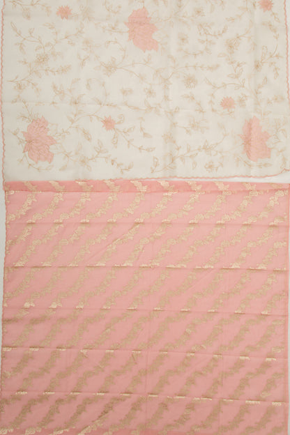 Organza Floral Embroidery Off White Saree With Scallop Edge