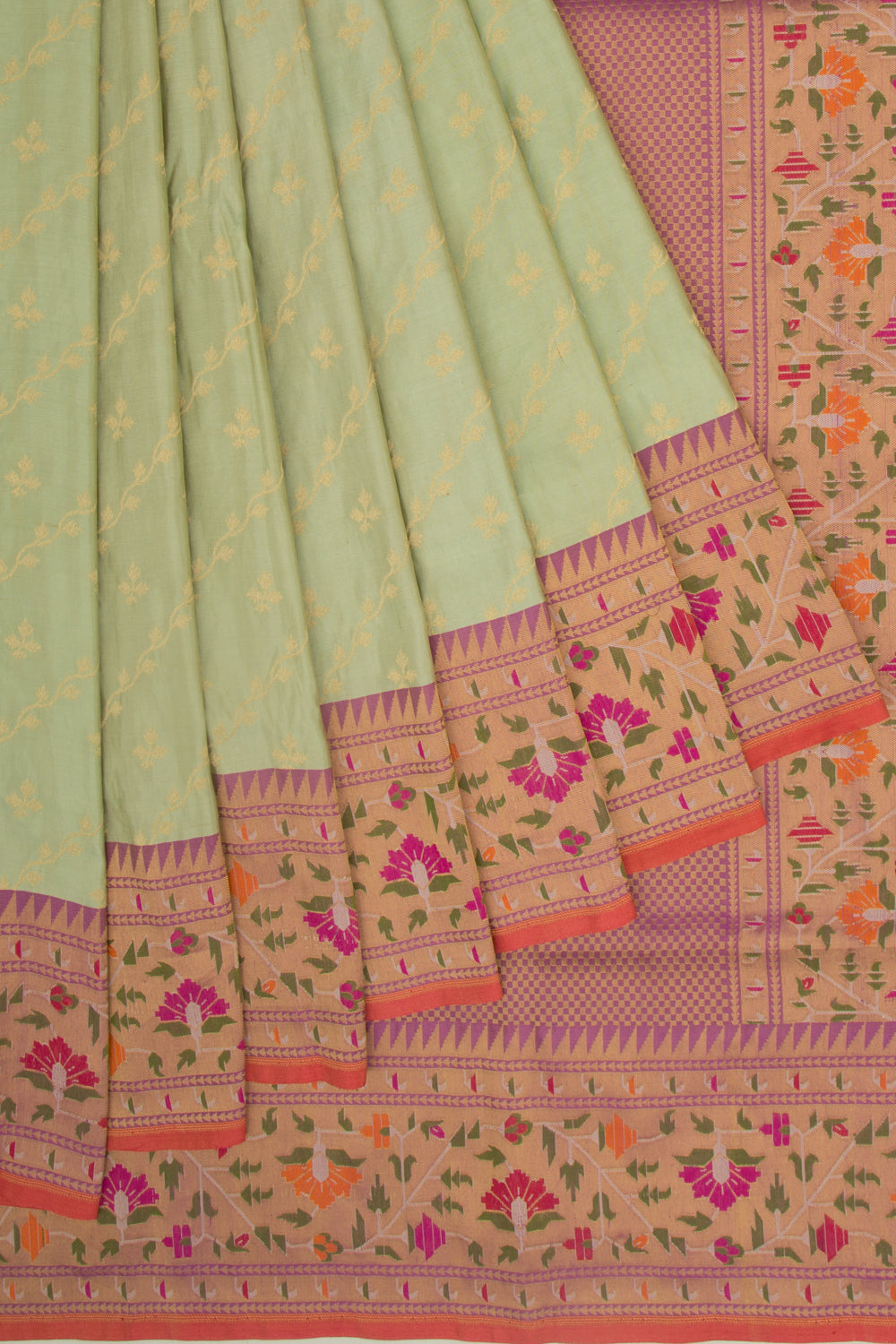 Banarasi Silk Tissue Jaal And Butta Pista Green Saree