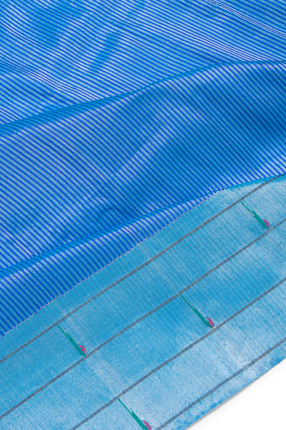 Paithani Silk Vertical Lines Royal Blue Saree With Triple Muniya Border