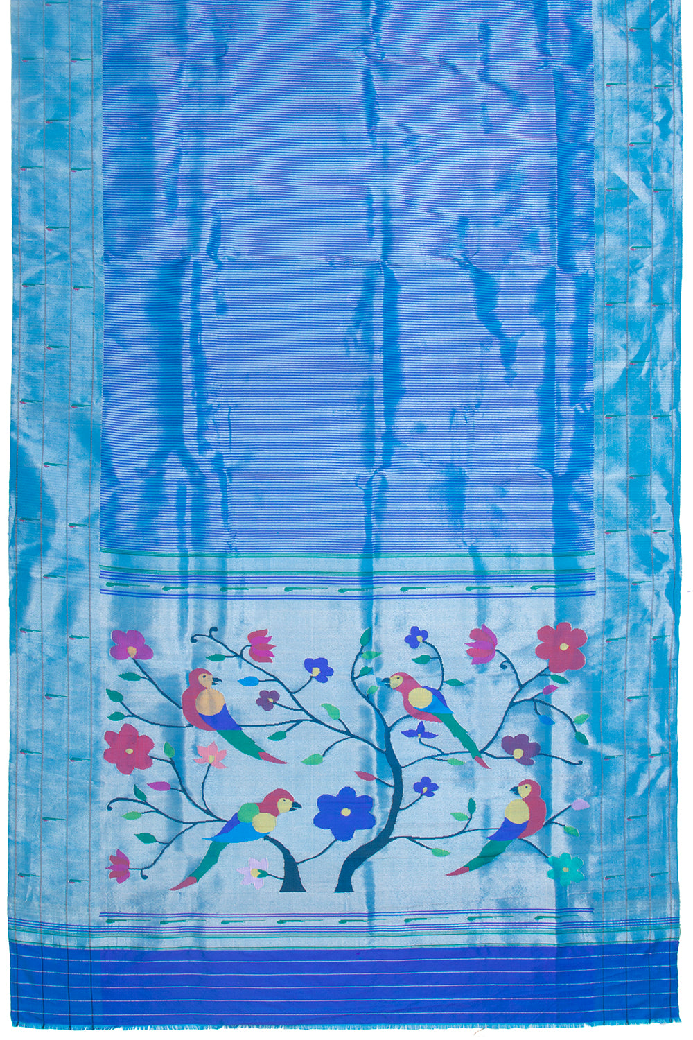 Paithani Silk Vertical Lines Royal Blue Saree With Triple Muniya Border