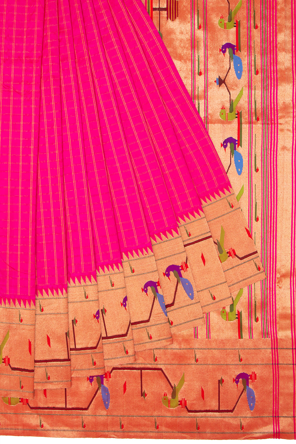 Paithani Silk Checks Rani Pink Saree With Akruthi Border