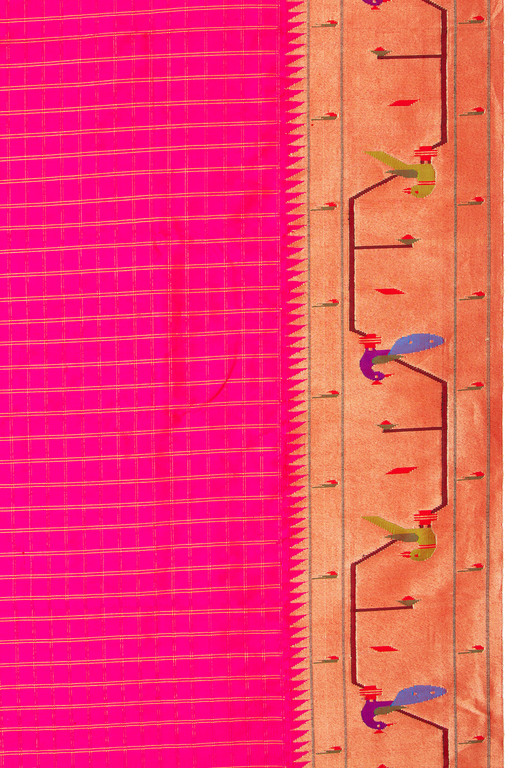 Paithani Silk Checks Rani Pink Saree With Akruthi Border