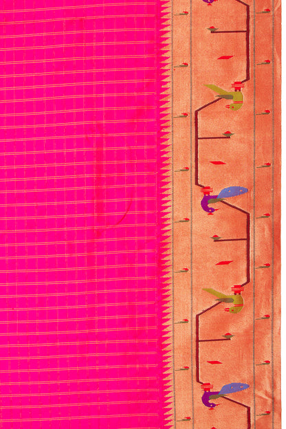 Paithani Silk Checks Rani Pink Saree With Akruthi Border