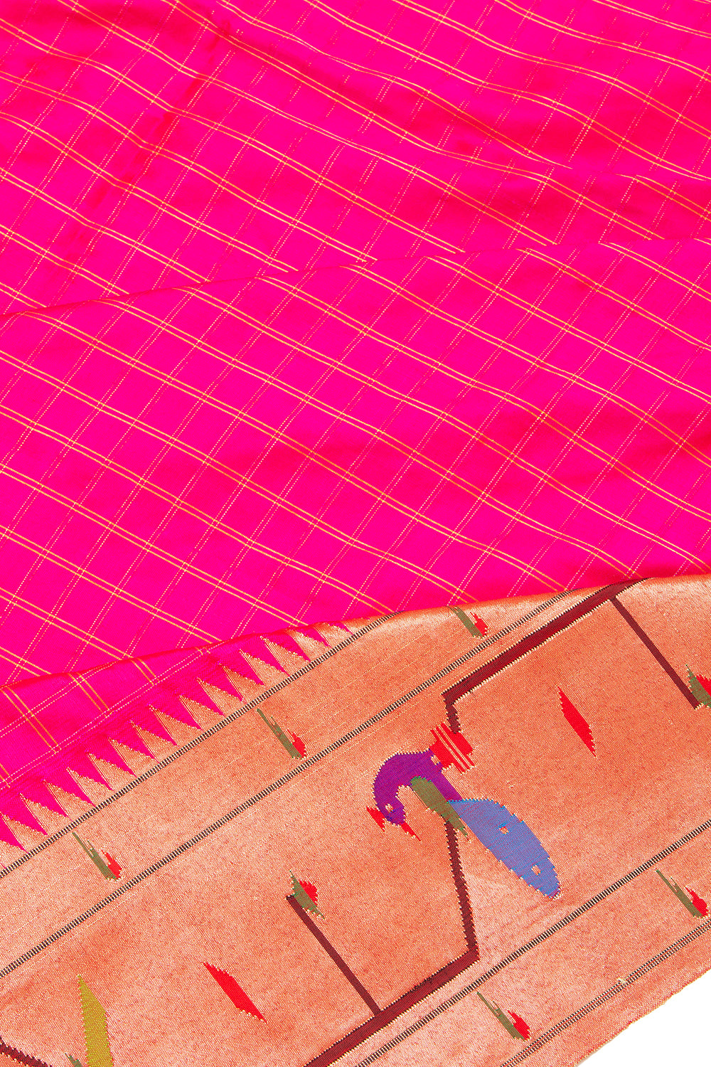 Paithani Silk Checks Rani Pink Saree With Akruthi Border
