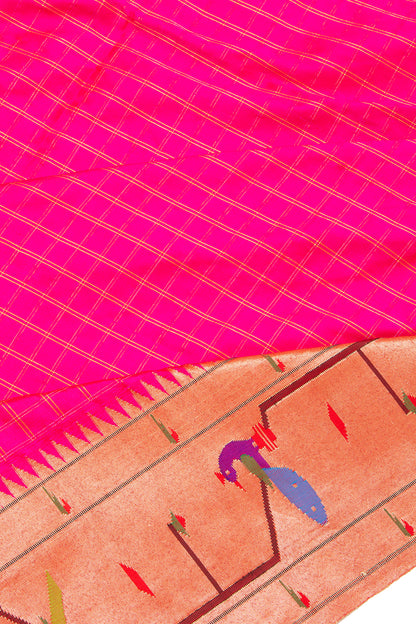 Paithani Silk Checks Rani Pink Saree With Akruthi Border