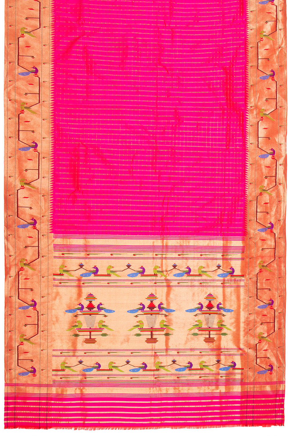 Paithani Silk Checks Rani Pink Saree With Akruthi Border