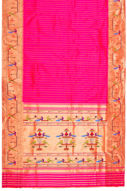 Paithani Silk Checks Rani Pink Saree With Akruthi Border