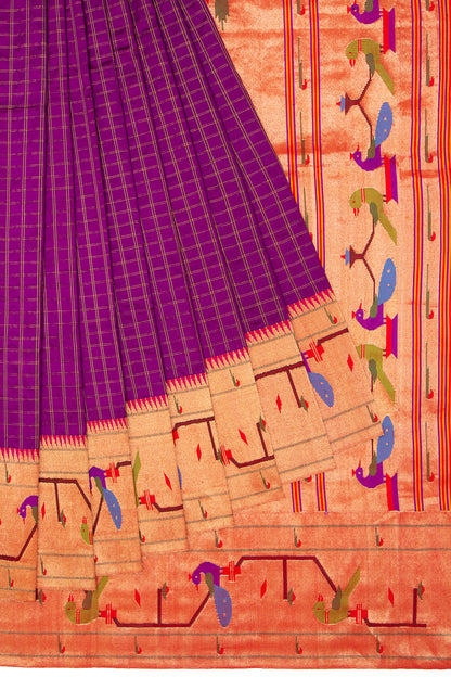 Paithani Silk Checks Purple Saree WIth Akruthi Border