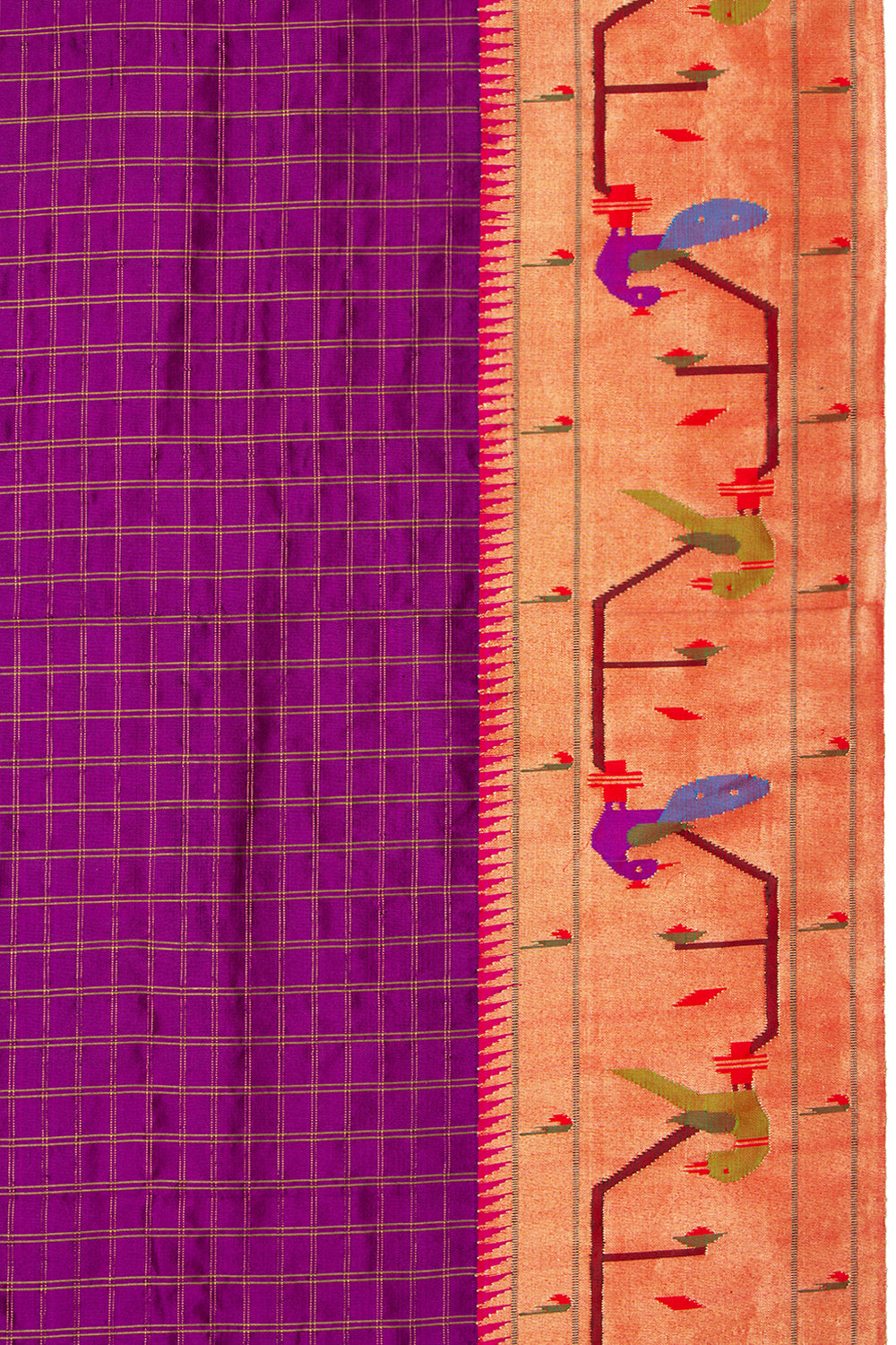 Paithani Silk Checks Purple Saree WIth Akruthi Border