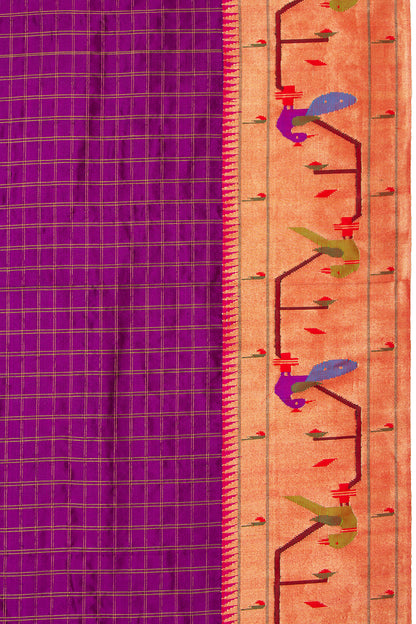 Paithani Silk Checks Purple Saree WIth Akruthi Border