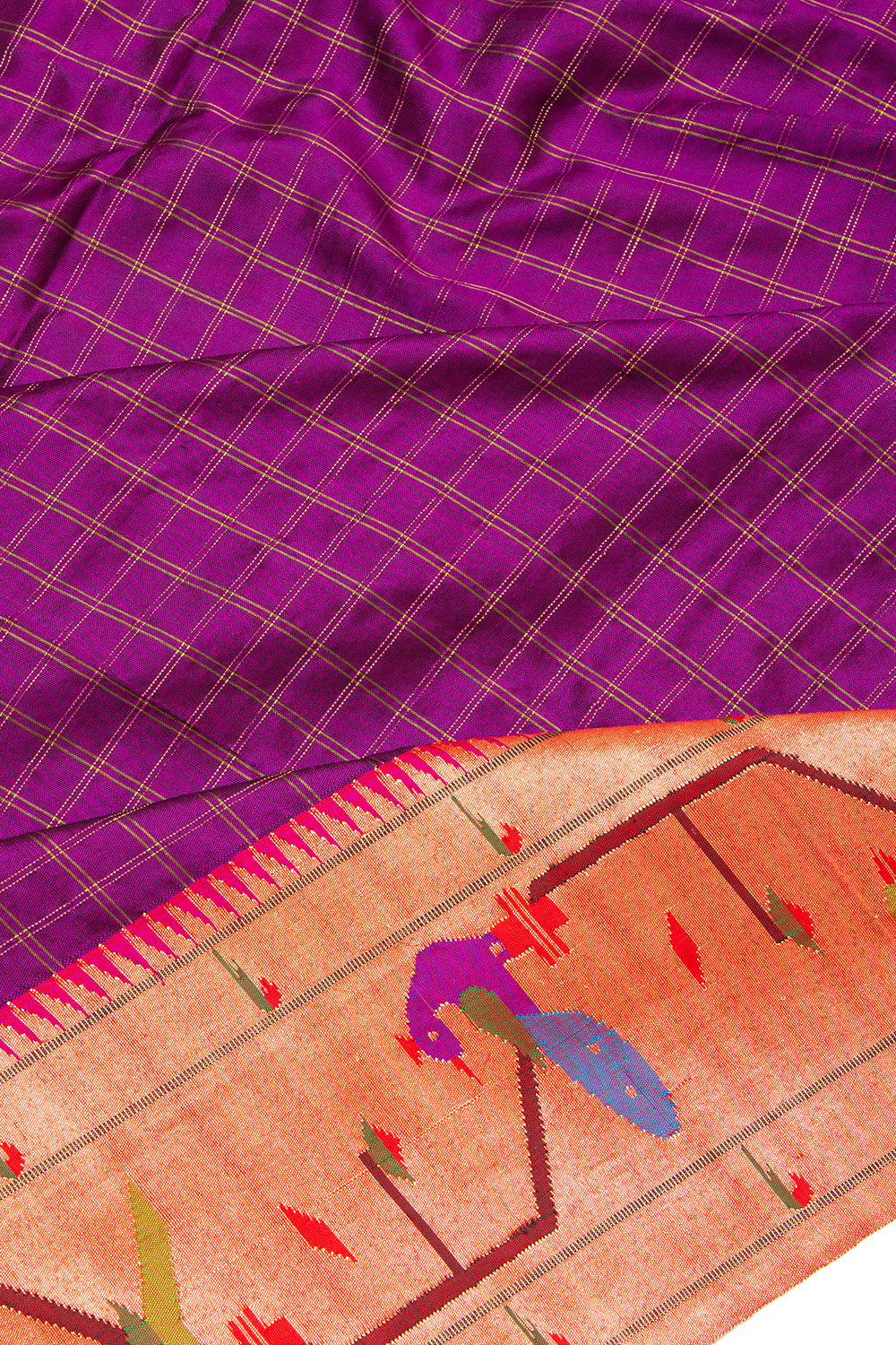 Paithani Silk Checks Purple Saree WIth Akruthi Border
