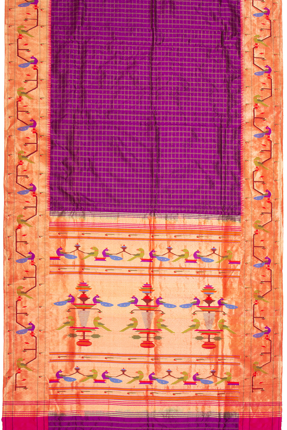 Paithani Silk Checks Purple Saree WIth Akruthi Border